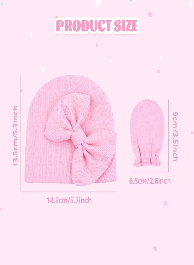 Cinaci 6 Sets Stretchy Soft Cotton Bow Turban Hats and No Scratch Mittens Nursery Hospital Caps Bonnets Beanies Gloves Set for 0-6 Months Baby Girls Newborns Infants - Image 2