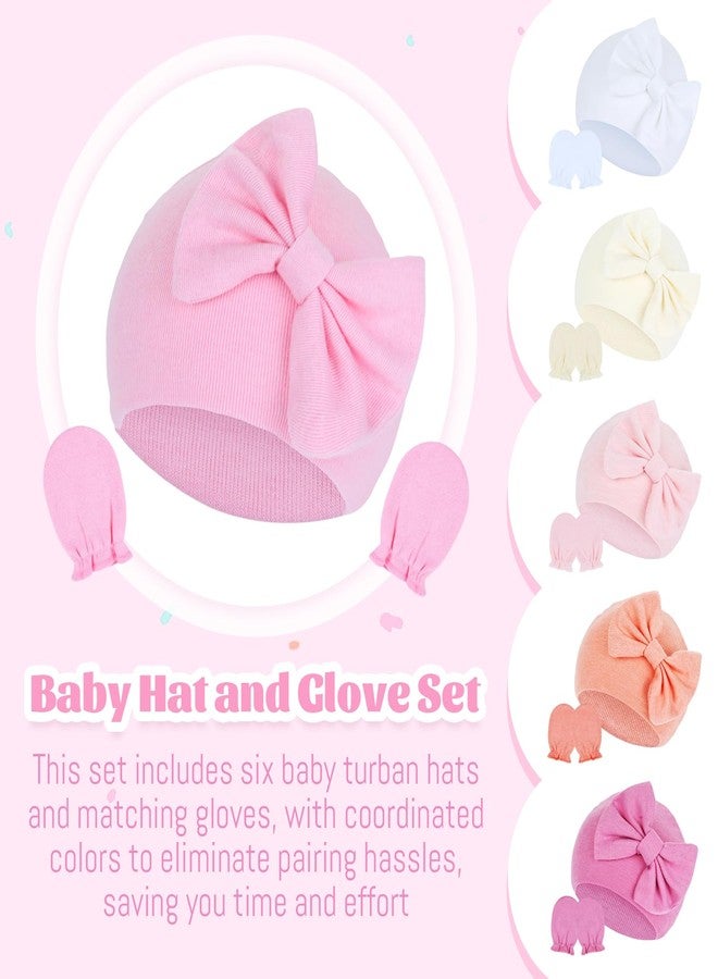 Cinaci 6 Sets Stretchy Soft Cotton Bow Turban Hats and No Scratch Mittens Nursery Hospital Caps Bonnets Beanies Gloves Set for 0-6 Months Baby Girls Newborns Infants - Image 4