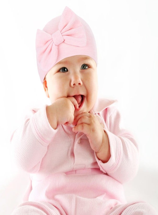 Cinaci 6 Sets Stretchy Soft Cotton Bow Turban Hats and No Scratch Mittens Nursery Hospital Caps Bonnets Beanies Gloves Set for 0-6 Months Baby Girls Newborns Infants - Image 5