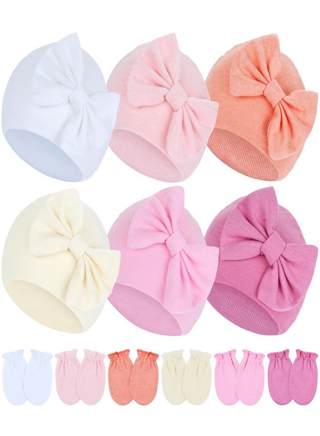 Cinaci 6 Sets Stretchy Soft Cotton Bow Turban Hats and No Scratch Mittens Nursery Hospital Caps Bonnets Beanies Gloves Set for 0-6 Months Baby Girls Newborns Infants - Image 1