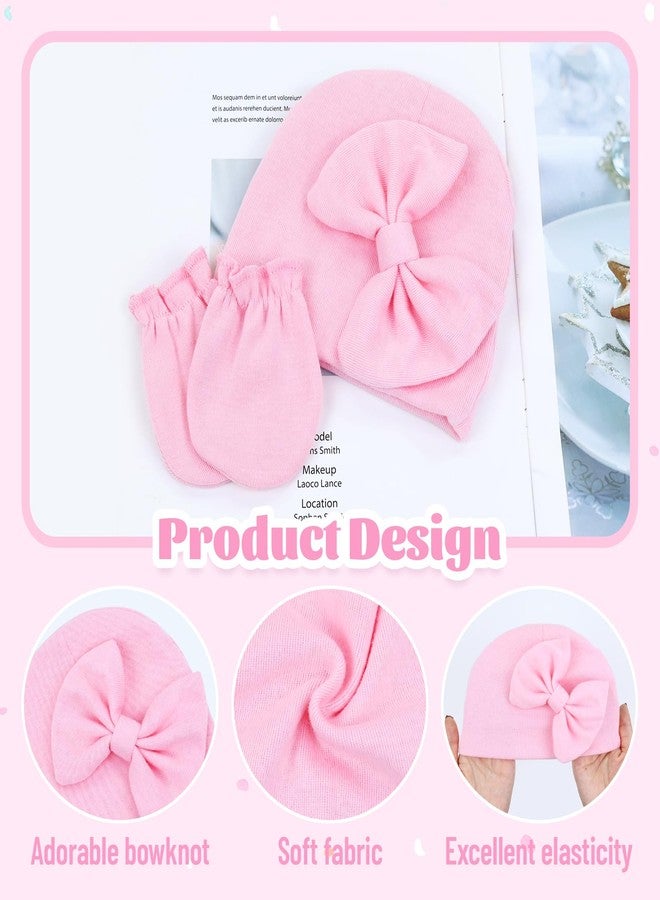Cinaci 6 Sets Stretchy Soft Cotton Bow Turban Hats and No Scratch Mittens Nursery Hospital Caps Bonnets Beanies Gloves Set for 0-6 Months Baby Girls Newborns Infants - Image 3