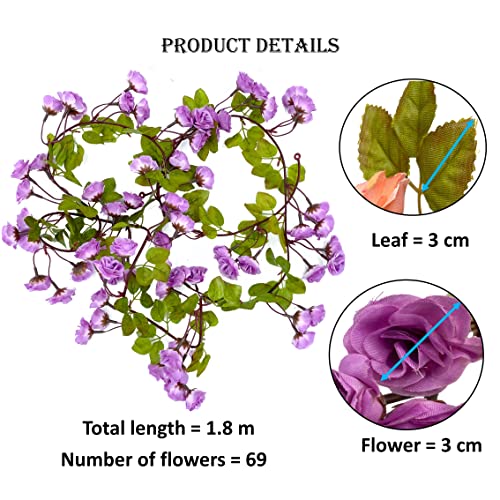 Tdas Artificial Hanging Flowers Rose Garland Vines Flower for Home Decoration Plants Ivy Vine Flora Decor Big Size Gifts Fake Leaves Items Living Room Wall Wedding – 1.8 m, 69 Flowers (Purple) - Image 2