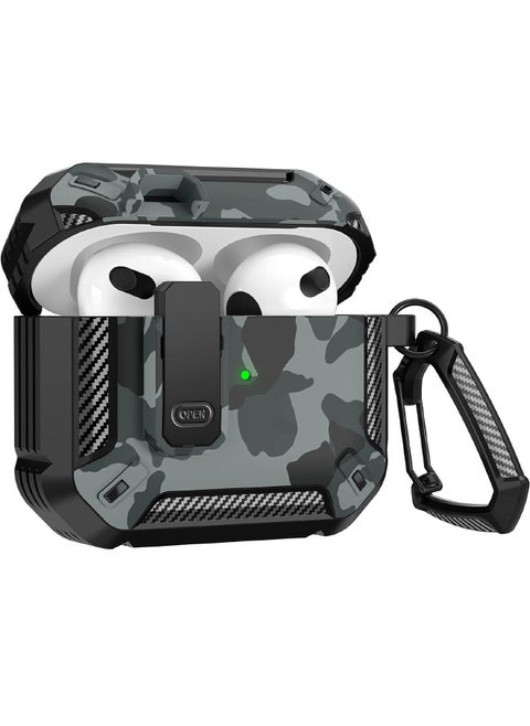 Airpods 3 Case, Airpods 3rd Generation Case with Lock, Airpods 3 Generation Protective Case, Military Hard Shell Rugged Shockproof Cover with Keychain for Apple Airpods 3 2021 (Camo Gray)