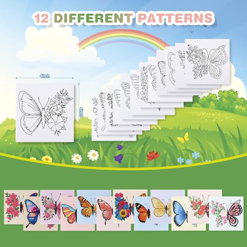 Zynlio 12 Packs Butterfly Pre Drawn Canvas to Paint, Pre Printed Canvas for Painting, Pre Stretched Canvas Outline Painting Boards for Beginners, Students, Party Favors(4 * 4in) - Image 2