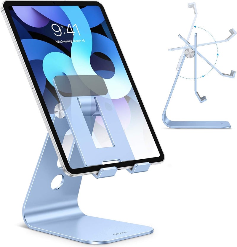 Omoton Adjustable Tablet Stand for Desk, Upgraded Longer Arms for Greater Stability, T2 Tablet Holder with Hollow Design for Bigger Sized Phones and Tablets Such as iPad Pro/Air/Mini, Blue - Image 1