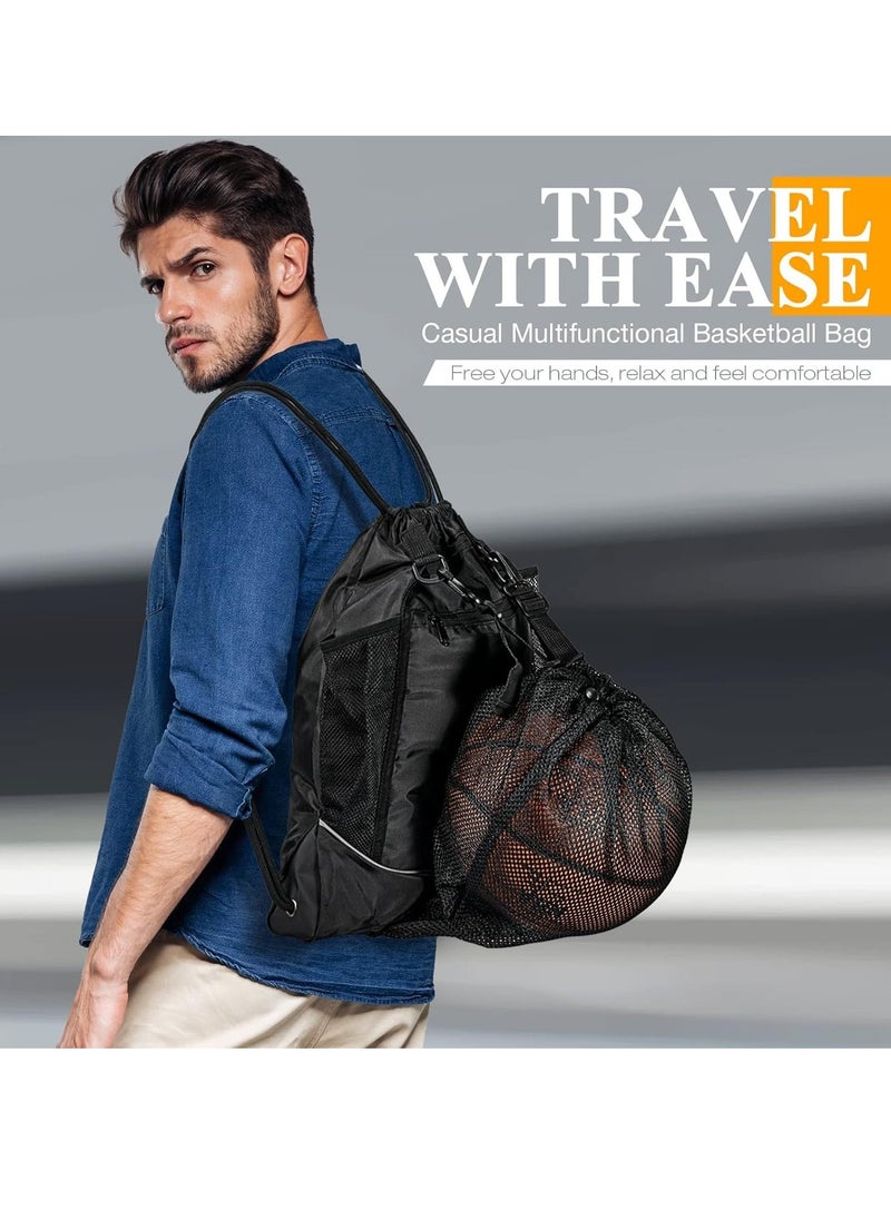 Generic Black Basketball Backpack Drawstring Bag Basketball Accessories String Bag w Hidden Ball Net Gym Sports Cinch Sack w Bottle Holder & Zipper Pockets Workout Equipment Bags for Volleyball Men - Image 1