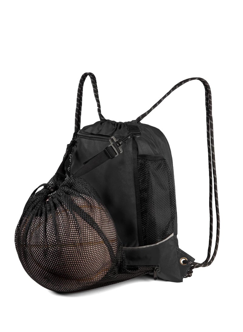 Generic Black Basketball Backpack Drawstring Bag Basketball Accessories String Bag w Hidden Ball Net Gym Sports Cinch Sack w Bottle Holder & Zipper Pockets Workout Equipment Bags for Volleyball Men - Image 5