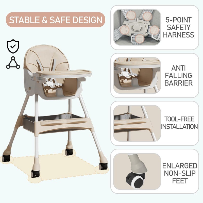 optico Baby High Chair, 4-in-1 High Chairs for Babies and Toddlers with 5-Point Safety Harness, Foldable High Chair for Space-Saving, Adjustable Dining Tray, Backrest & Height (Pink 1) - Image 5