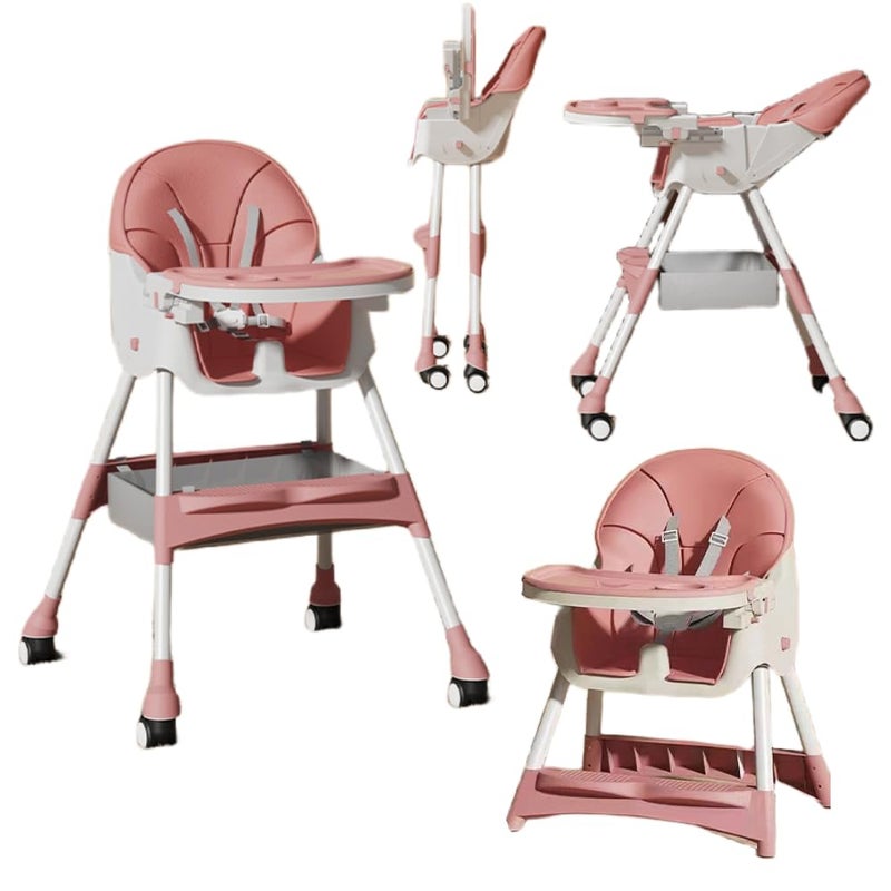 optico Baby High Chair, 4-in-1 High Chairs for Babies and Toddlers with 5-Point Safety Harness, Foldable High Chair for Space-Saving, Adjustable Dining Tray, Backrest & Height (Pink 1) - Image 1