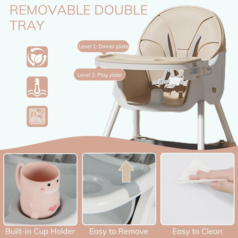 optico Baby High Chair, 4-in-1 High Chairs for Babies and Toddlers with 5-Point Safety Harness, Foldable High Chair for Space-Saving, Adjustable Dining Tray, Backrest & Height (Pink 1) - Image 3