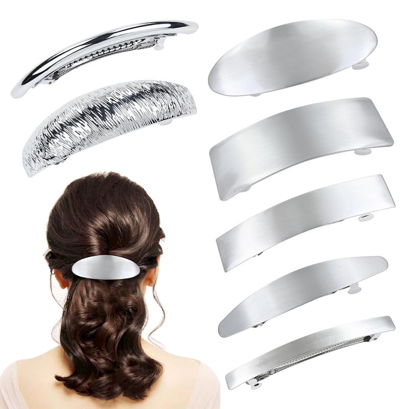 Cinaci 7 Pieces Simple Rectangular Oval Large Silver Spring French Metal Hair Clips Square Hair Barrettes Hair Clamps Grips Ponytail Holder Accessories for Women Girls Adults