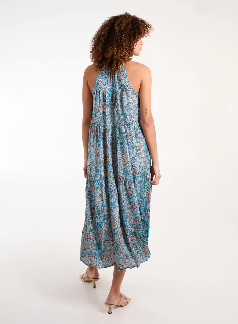 Blue Vanilla Paisley Tassel Tie Neck Smock Midi Dress