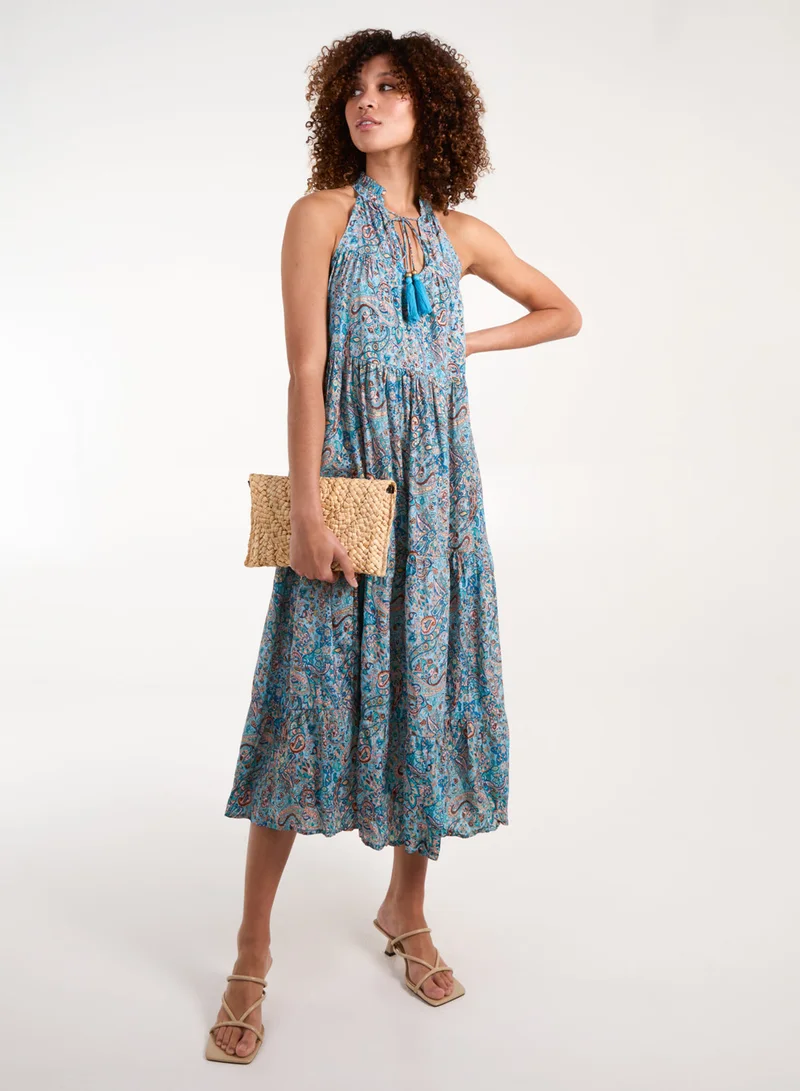 Blue Vanilla Paisley Tassel Tie Neck Smock Midi Dress