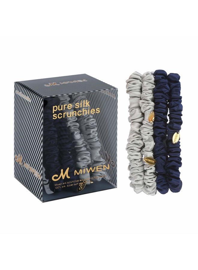 Miwen Silk Scrunchies for Women,Small Navy and Light Grey,Pure Mulberry Silk Hair Ties, 22 Momme, Soft and Shiny, Less Pulling, Breakage for Ponytail and Hair Sleep (Pack of 4) - Image 1