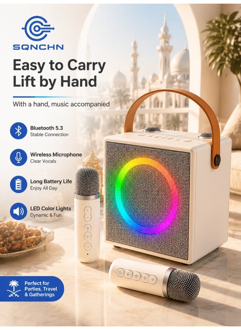SQNCHN Portable Karaoke Machine with 2 Wireless Microphones, Bluetooth Karaoke Speaker with Dynamic RGB Lights, Rechargeable Party Music System for Family & Kids - Image 1