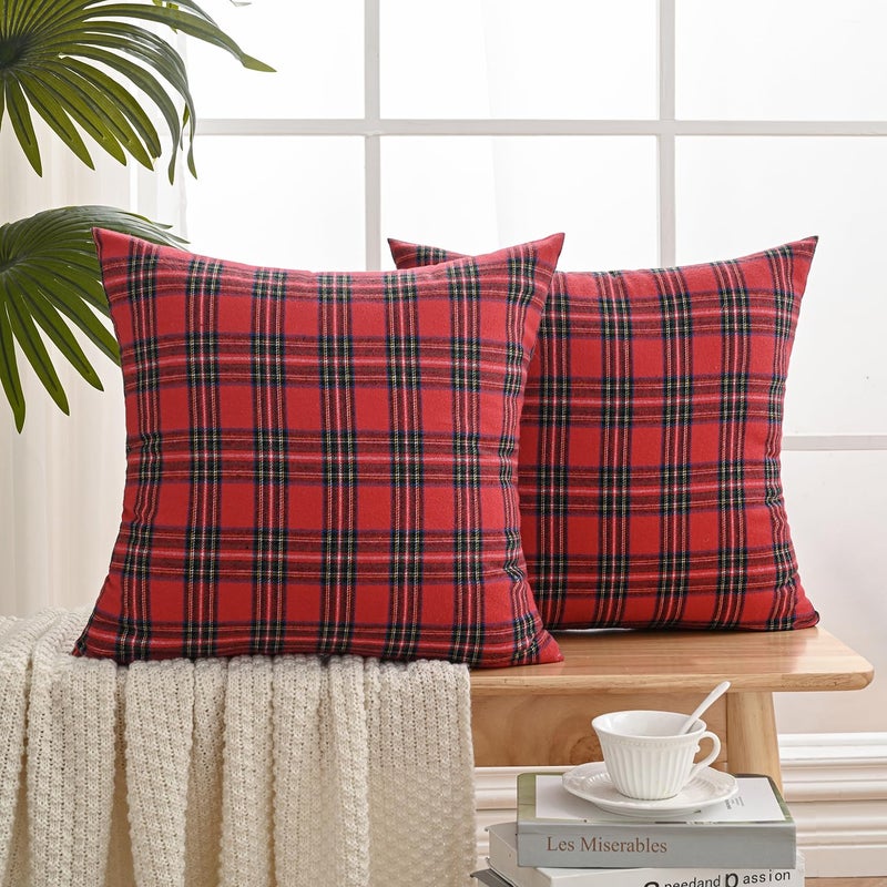 Volcanics Christmas Scottish Tartan Plaid Throw Pillow Covers 18x18 Set of 2 Red and Green Farmhouse Classic Decorative Square Cushion Cases for Holiday Home Decor Sofa Couch - Image 2