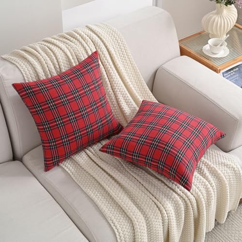 Volcanics Christmas Scottish Tartan Plaid Throw Pillow Covers 18x18 Set of 2 Red and Green Farmhouse Classic Decorative Square Cushion Cases for Holiday Home Decor Sofa Couch - Image 3
