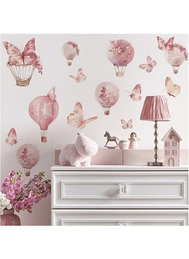 Ailily Cartoon Pink Hot Air Balloon Butterfly Wall Stickers, Butterfly & Hot Air Balloon Wall Stickers, DIY Movable Large Art Decoration, Peel & Paste, Fit for Kids, Baby Boys, Girls, Playroom Bedroom Deco - Image 1