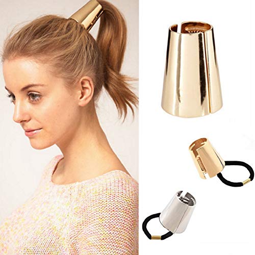 SYBL Gothic Punk Metal Ponytail Holder - 2PCS Hair Ties, Cuffs with Buckles, Hair Ropes and Rings for Thin Hair (Gold + Silver) - Image 1