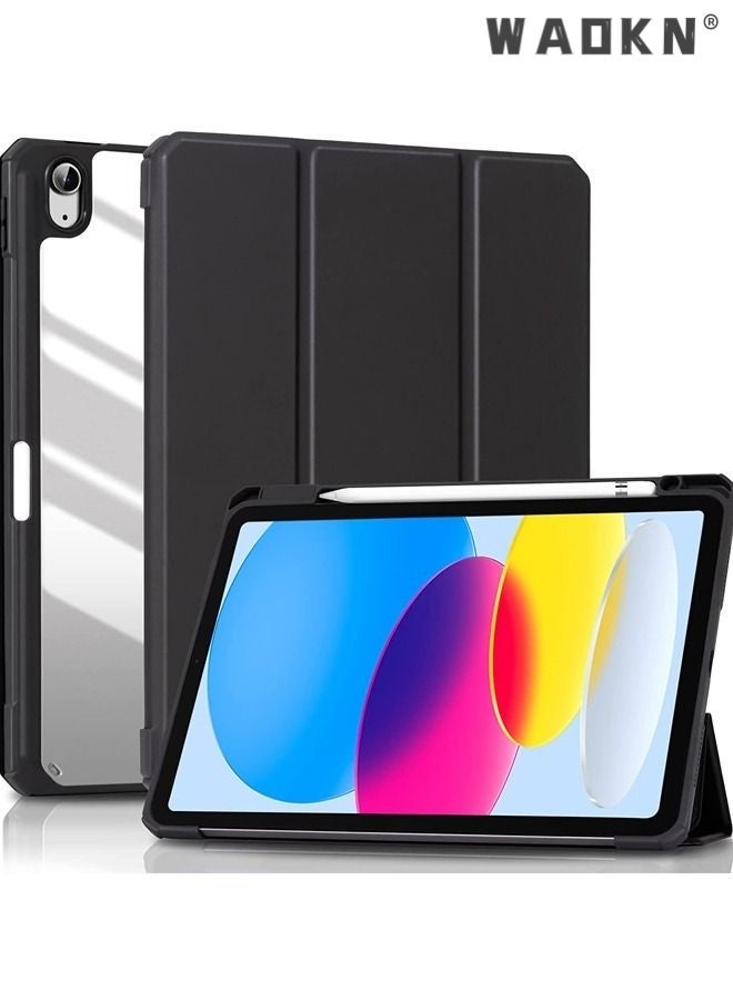 راكسوم حافظة احترافية لجهاز iPad الجيل العاشر مع حامل قلم 2022 iPad 10.9 بوصة، حافظة شفافة ثلاثية الطيات، غطاء مقاوم للصدمات لجهاز iPad 2022 الجيل العاشر A2696 A2757 A2777 - أسود  - Image 1