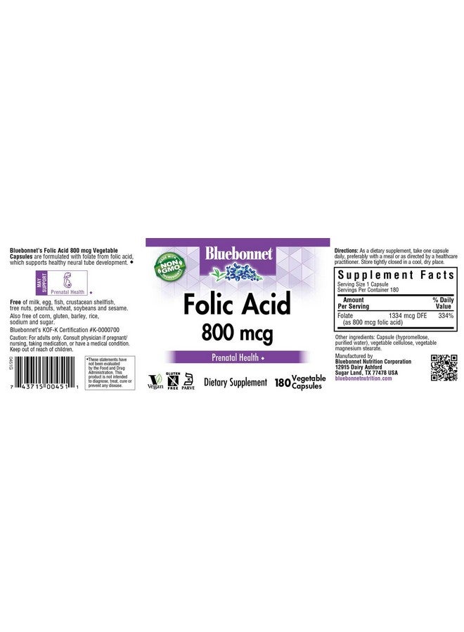 BlueBonnet Nutrition Folic Acid 800mcg, Healthy Neurological Development, Soy, Dairy & Gluten Free, Non-GMO, Kosher Certified, Vegan, Vegetable Capsules, 180 Count - Image 2