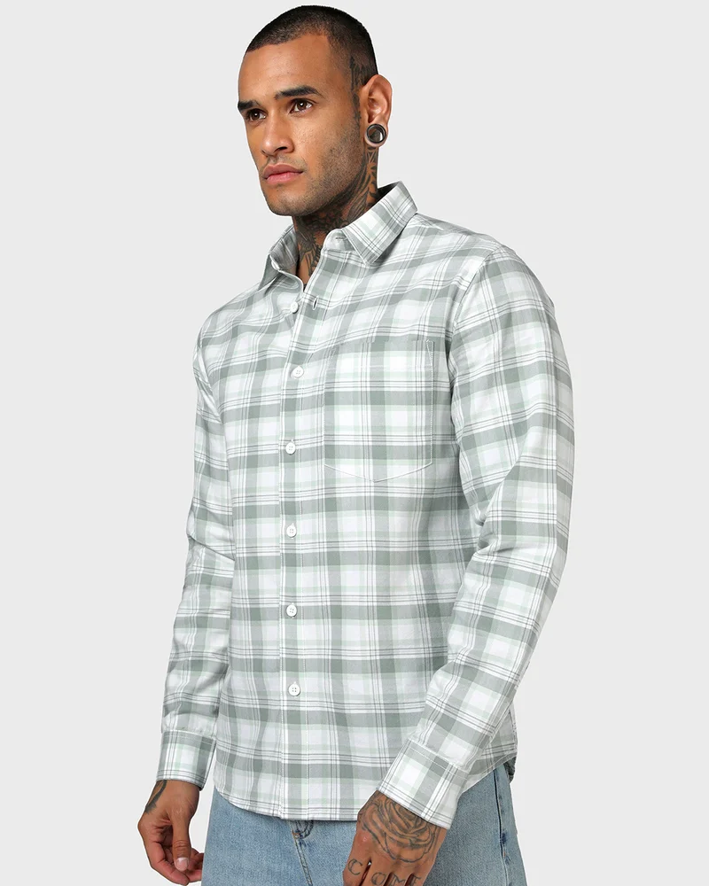 bewakoof Men's White & Green Checked Shirt