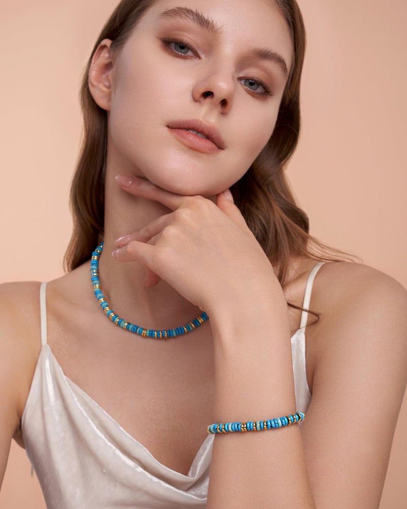 SNGIA Colorful Teal Compressed Turquoise 18K Gold Plated Bracelets for Women, Stack Bangle Beaded Stone Jewelry Accessories Set for Woman, Trendy Fashion Jewelry Gifts (Turquoise) - Image 2