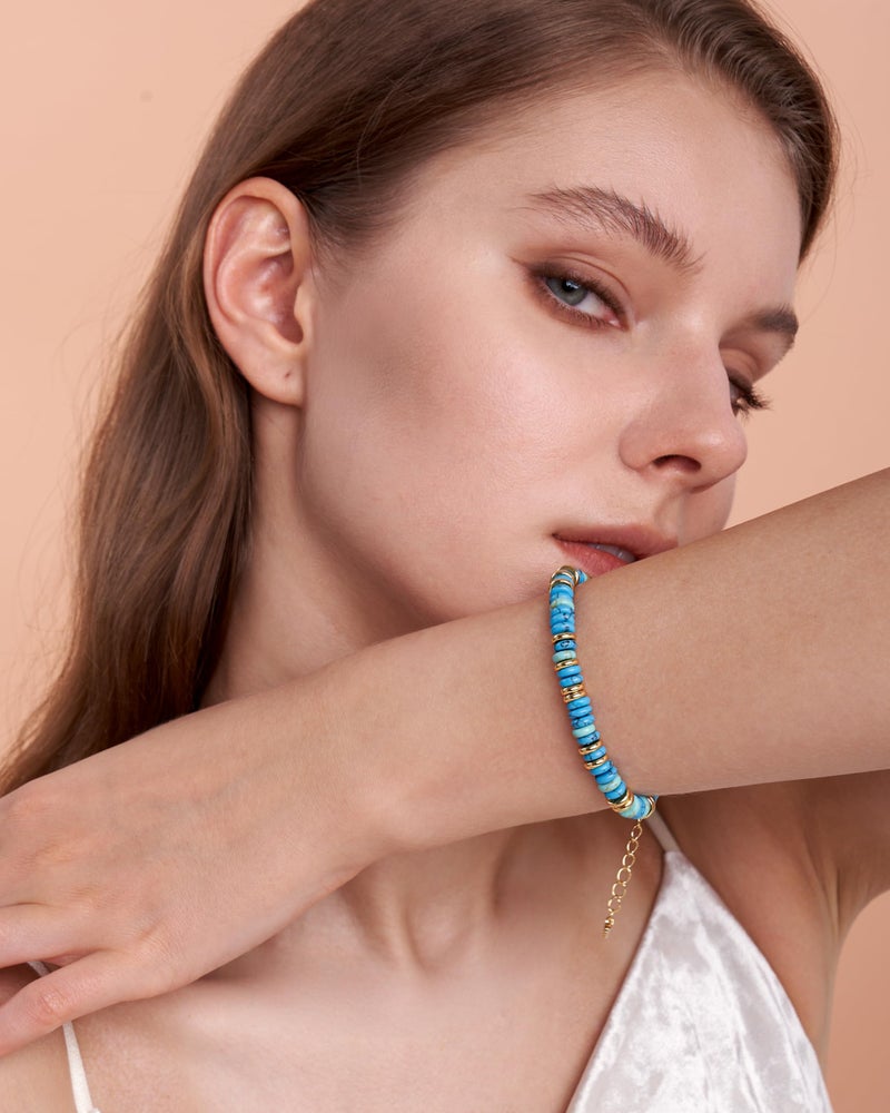 SNGIA Colorful Teal Compressed Turquoise 18K Gold Plated Bracelets for Women, Stack Bangle Beaded Stone Jewelry Accessories Set for Woman, Trendy Fashion Jewelry Gifts (Turquoise) - Image 4