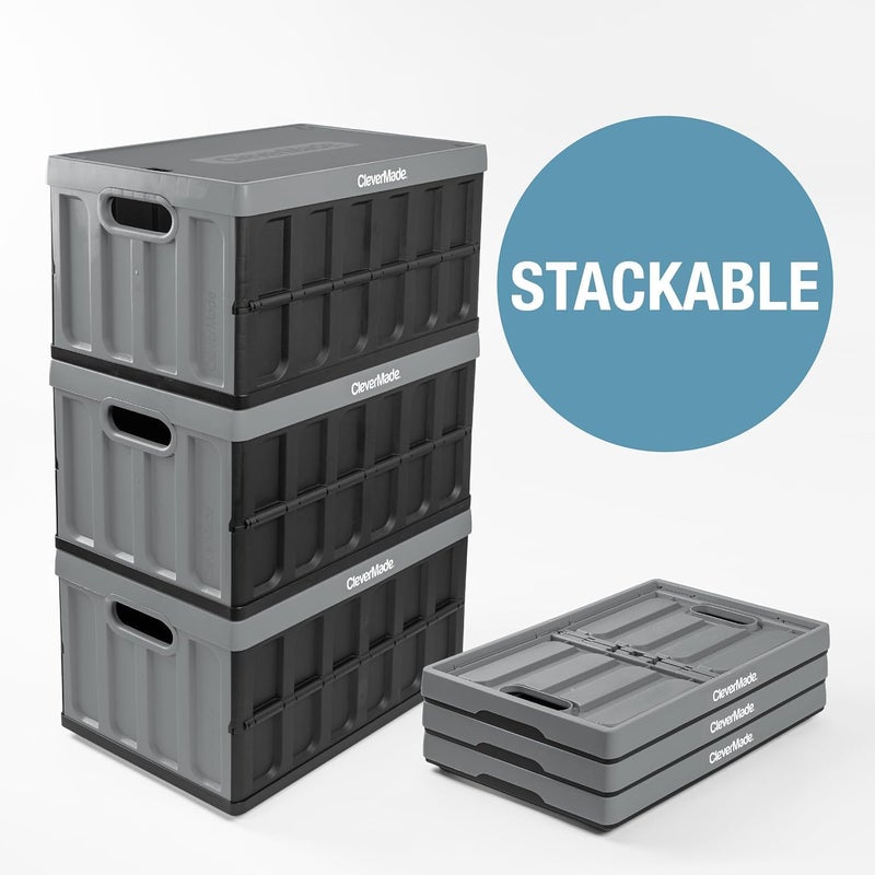 CleverMade Collapsible Storage Bins with Lids (62L, 3 Pack) â€“ Heavy Duty Foldable Plastic Storage Crates for Garage, Closet & Trunk Organization - Ocean - Image 5