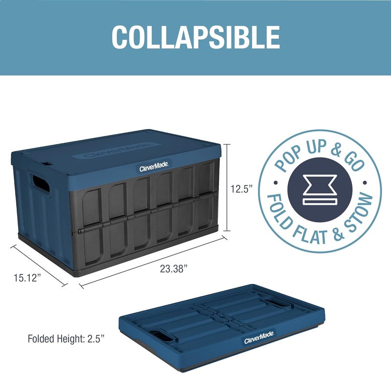 CleverMade Collapsible Storage Bins with Lids (62L, 3 Pack) â€“ Heavy Duty Foldable Plastic Storage Crates for Garage, Closet & Trunk Organization - Ocean - Image 2