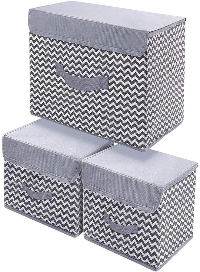 PRANIJ 3 Set Foldable Storage Box Organiser with Lid, Versatile Storage Basket Bins for Wardrobe, Clothes, Toys, Books, and Other Supplies, 1 Large & 2 Small (Wave - Grey) - Image 1
