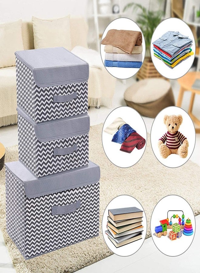 PRANIJ 3 Set Foldable Storage Box Organiser with Lid, Versatile Storage Basket Bins for Wardrobe, Clothes, Toys, Books, and Other Supplies, 1 Large & 2 Small (Wave - Grey) - Image 3