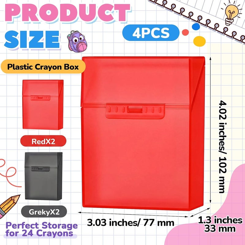 Clabby 4 Pcs Plastic Crayon Organizer Case for 24 Count Crayons Kids Art Supply Storage Box with Lid, Portable Holder for Classroom Home Travel, Fits Standard 24-Pack Crayon (Red,Dark Gray) - Image 2