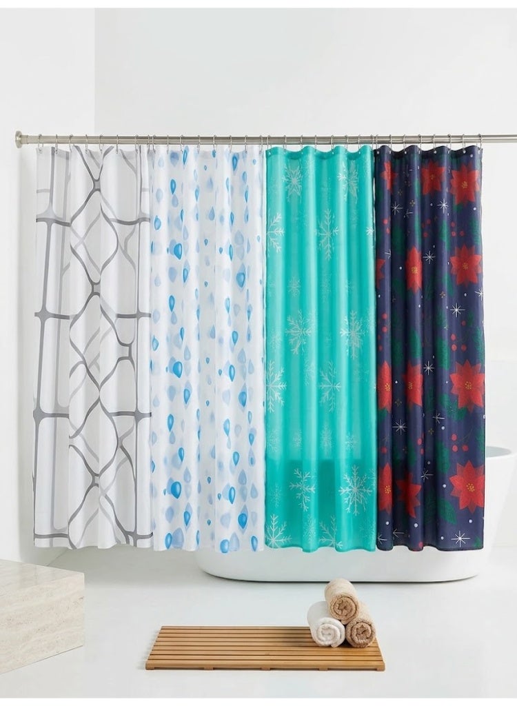 Turquoise shower curtain with a multi-pattern design for each curtain and is waterproof. - Image 4