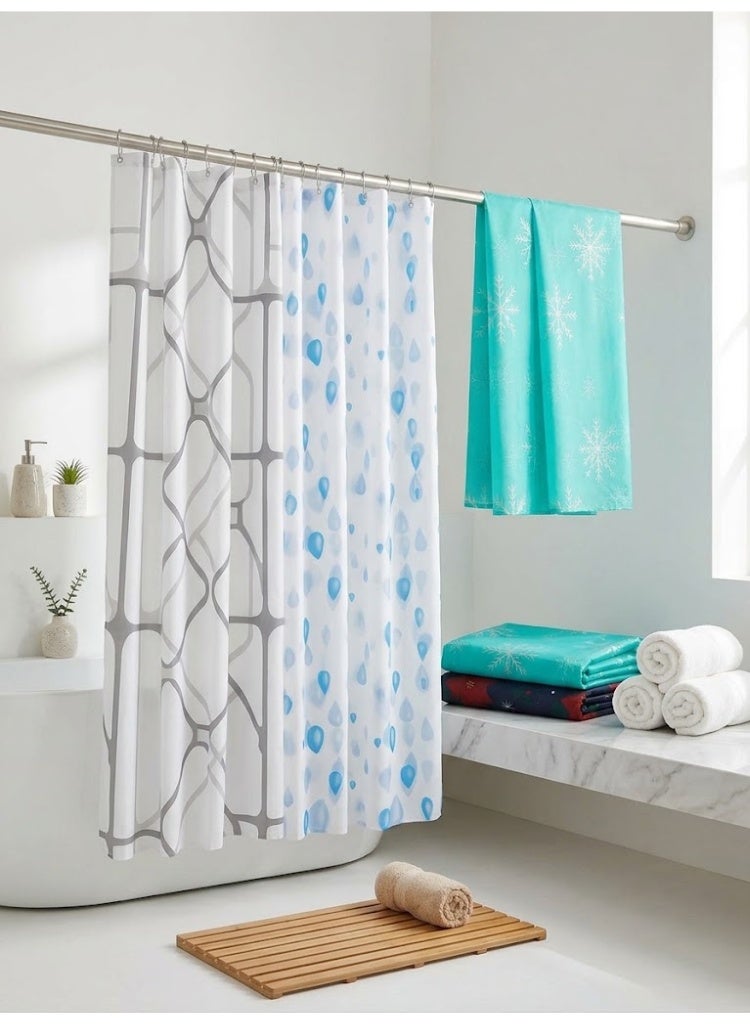 Turquoise shower curtain with a multi-pattern design for each curtain and is waterproof. - Image 3