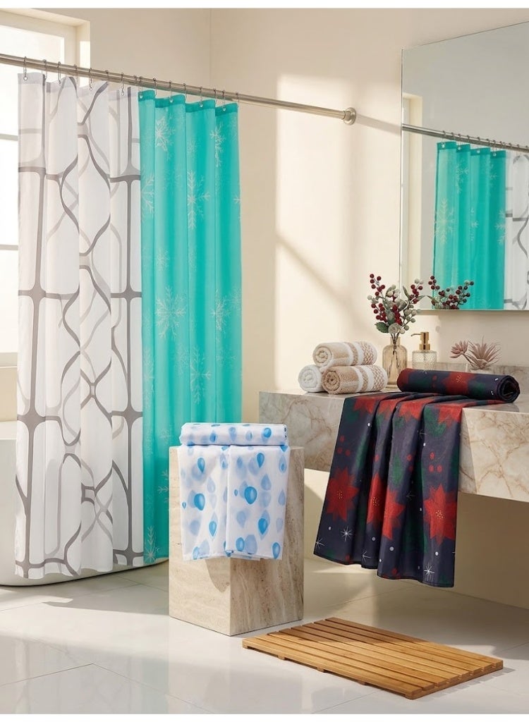 Turquoise shower curtain with a multi-pattern design for each curtain and is waterproof. - Image 2