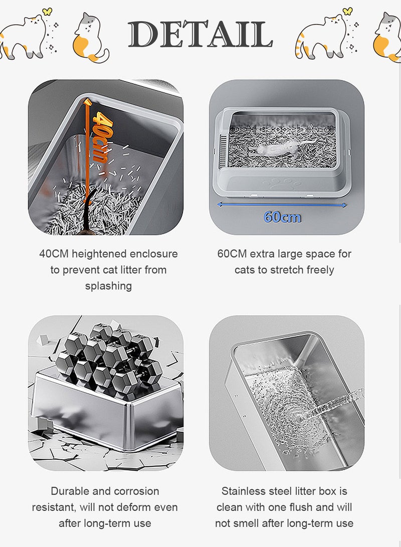كيدل صندوق قمامة قطط كبير من الفولاذ المقاوم للصدأ مع مغرفة قمامة ومرحاض للقطط وصينية قمامة للقطط وجدار مرتفع وغطاء جانبي غير لاصق ومضاد للتناثر وسهل التنظيف 60 × 40 × 15 سم - Image 2