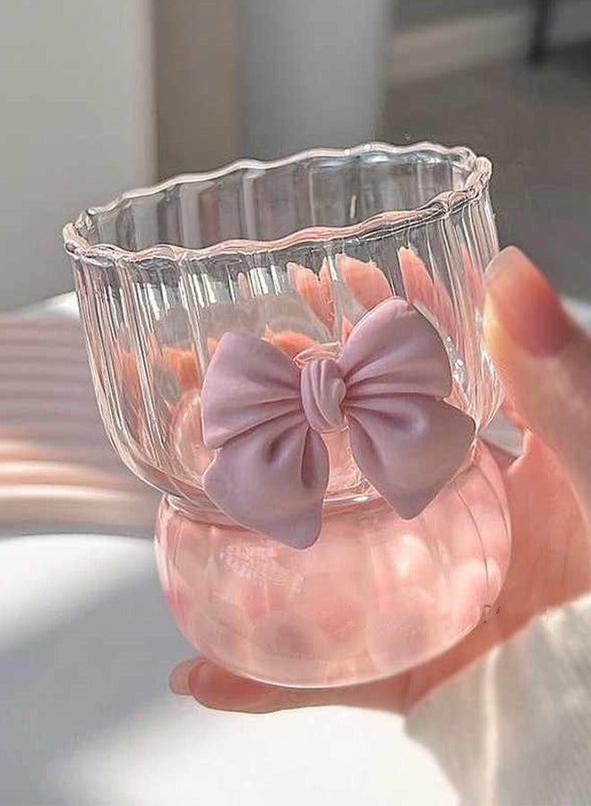A set of one, pink bow heat-resistant coffee cup, high borosilicate glass cup, vertical striped chubby cup for brewing tea, full of girlish sentiment, suitable for kitchen, outings, bars, and restaurants - Image 1