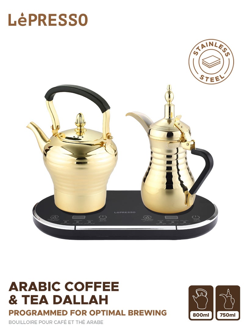 LePRESSO Electrical Arabic Coffee and Tea Maker with 750ml Coffee Machine Capacity and 800ml Tea Dallah Capacity / Stainless Steel / Over-heat Protection / Boils Water and Heats Milk - Gold  - Image 1