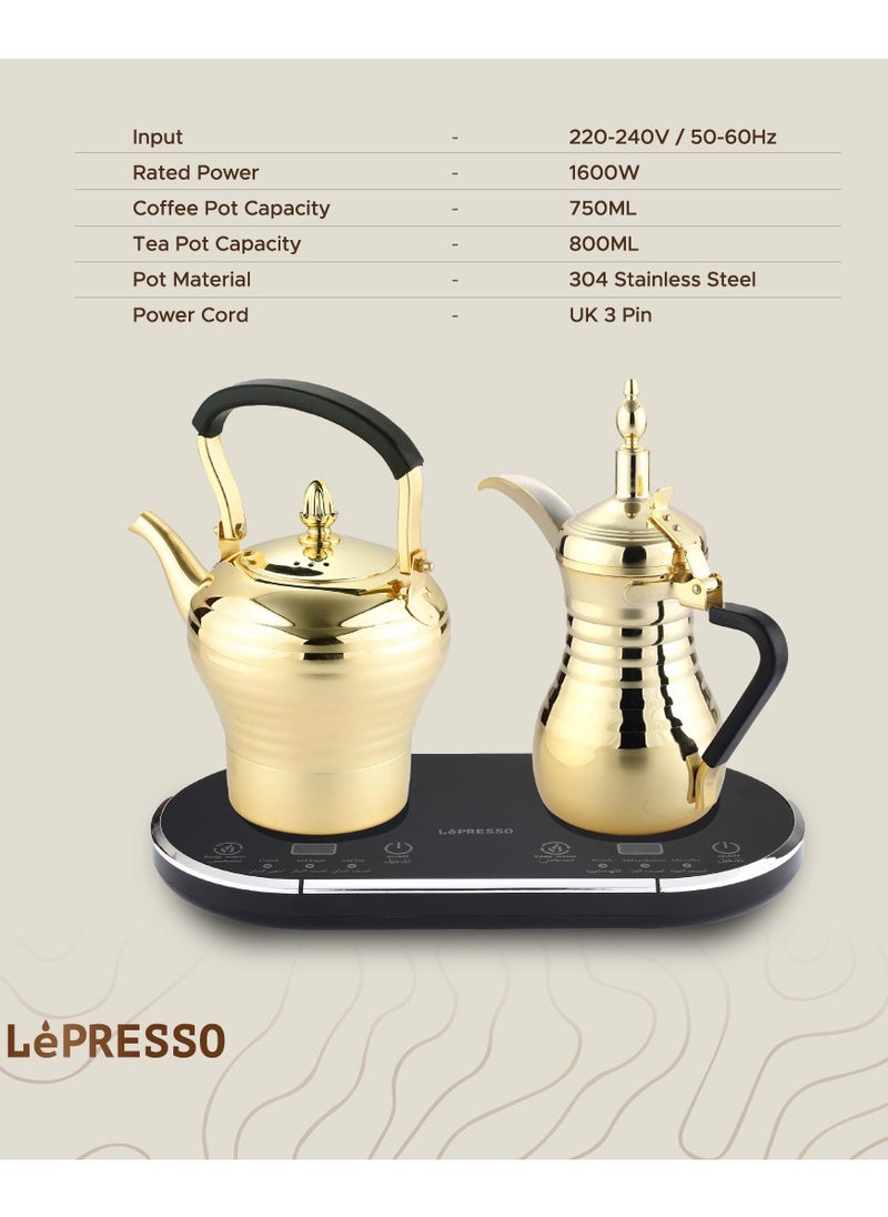 LePRESSO Electrical Arabic Coffee and Tea Maker with 750ml Coffee Machine Capacity and 800ml Tea Dallah Capacity / Stainless Steel / Over-heat Protection / Boils Water and Heats Milk - Gold  - Image 5