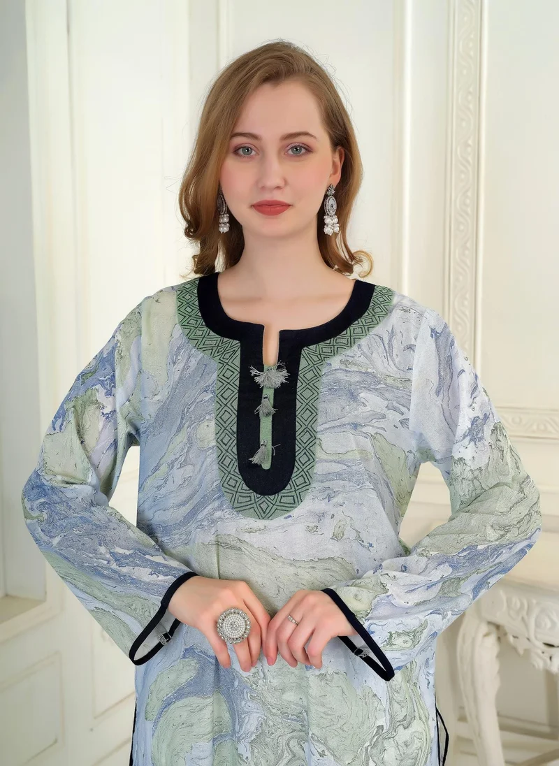 Artemea  SOFT PREMIUM HAND MARBLE PRINTED COTTON EMBROIDEREDJALABIYA WITH SIDE SLIT STYLING for Women | Best Price UAE