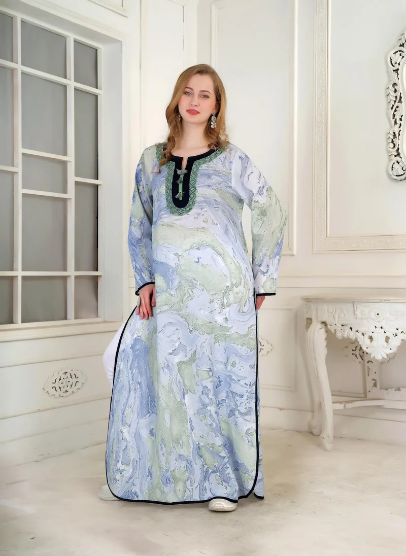 Artemea SOFT PREMIUM HAND MARBLE PRINTED COTTON EMBROIDEREDJALABIYA WITH SIDE SLIT STYLING