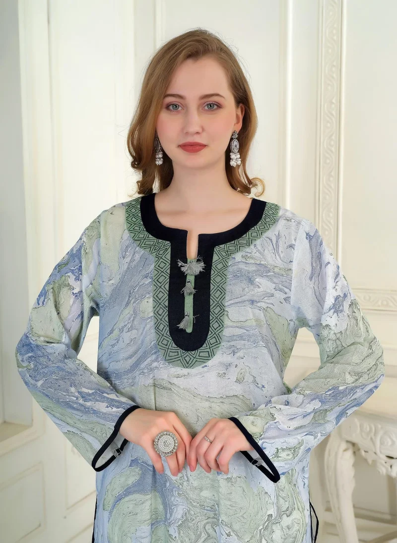 Artemea  SOFT PREMIUM HAND MARBLE PRINTED COTTON EMBROIDEREDJALABIYA WITH SIDE SLIT STYLING for Women | Best Price UAE