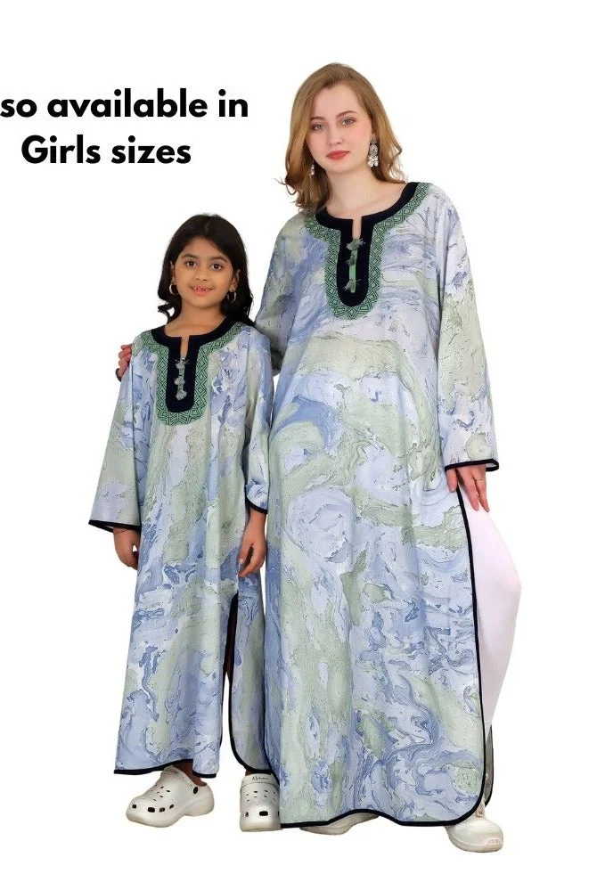Artemea SOFT PREMIUM HAND MARBLE PRINTED COTTON EMBROIDEREDJALABIYA WITH SIDE SLIT STYLING