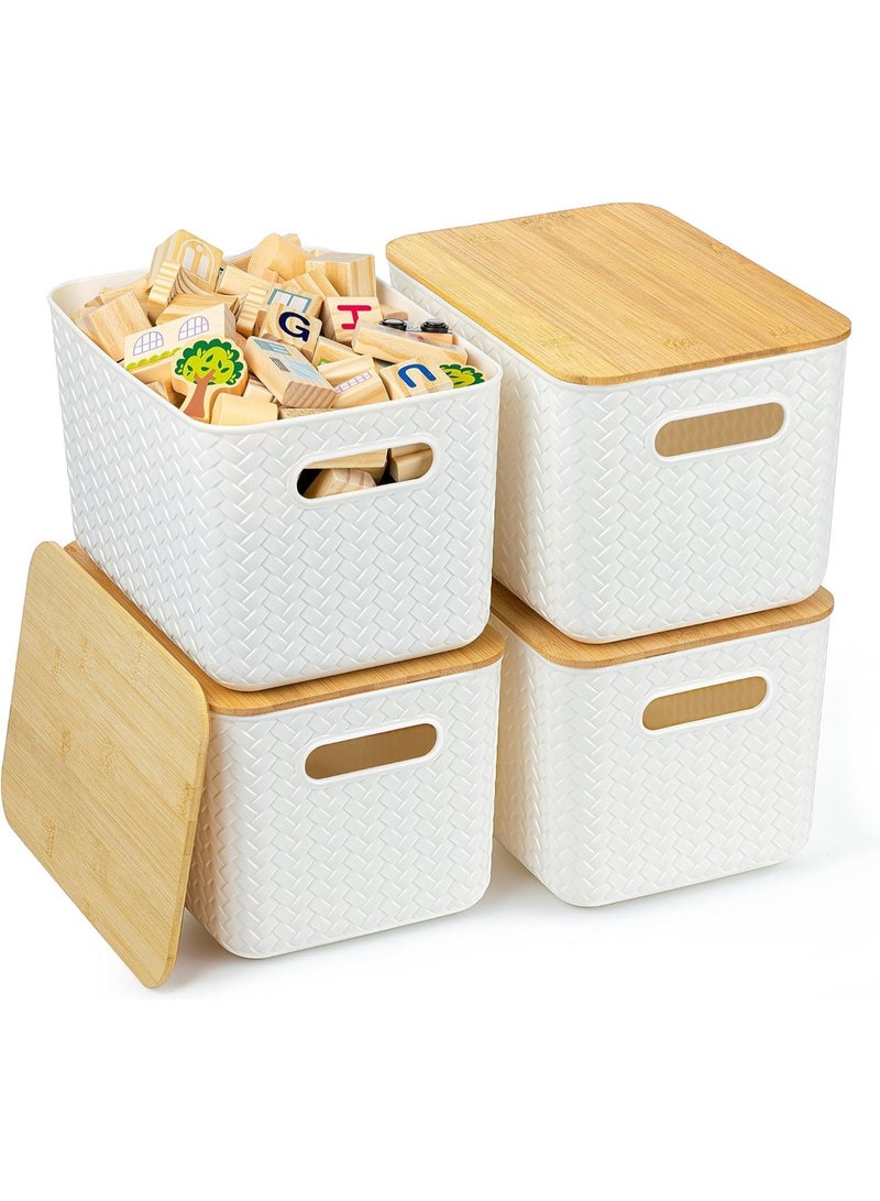 U-HOOME 4 Pack Rustic/Natural Plastic and Bamboo Storage Bins with Bamboo Lids, 10.2L x 7W x 5.9H inch, Stackable Storage Box for Shelves, Drawers, Desktop, Closet, Playroom, Office - Image 1