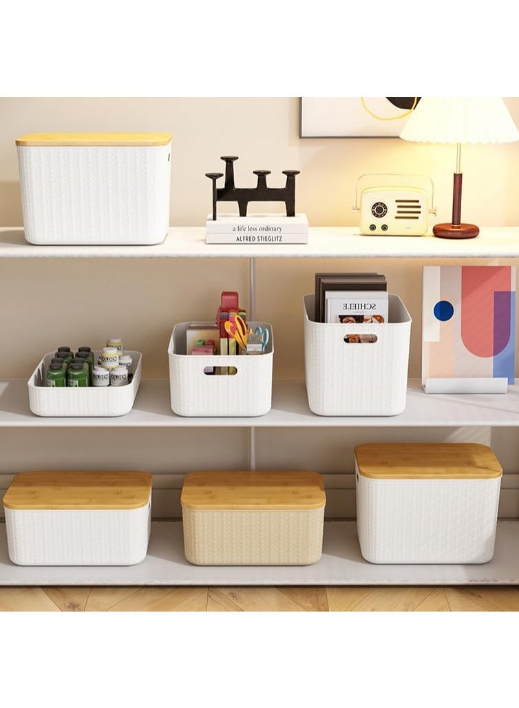 U-HOOME 4 Pack Rustic/Natural Plastic and Bamboo Storage Bins with Bamboo Lids, 10.2L x 7W x 5.9H inch, Stackable Storage Box for Shelves, Drawers, Desktop, Closet, Playroom, Office - Image 4
