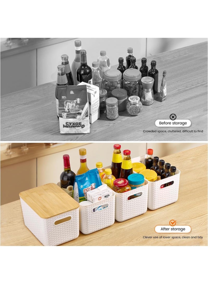 U-HOOME 4 Pack Rustic/Natural Plastic and Bamboo Storage Bins with Bamboo Lids, 10.2L x 7W x 5.9H inch, Stackable Storage Box for Shelves, Drawers, Desktop, Closet, Playroom, Office - Image 3