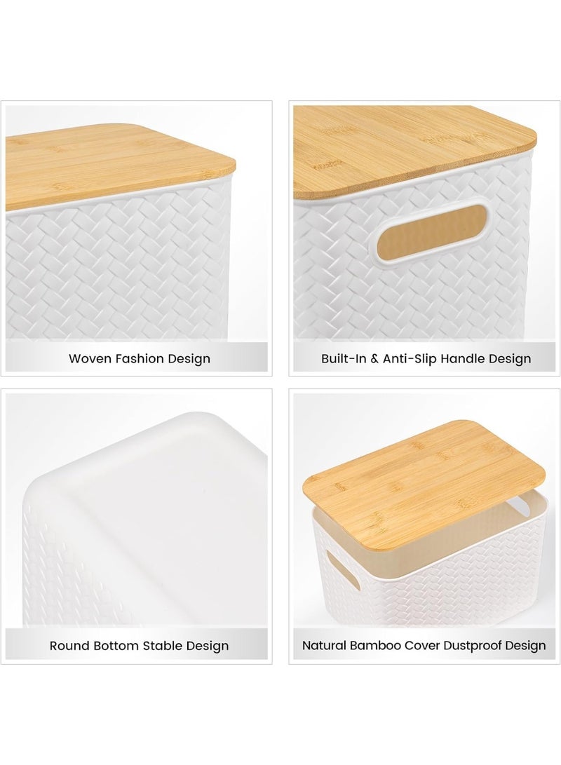 U-HOOME 4 Pack Rustic/Natural Plastic and Bamboo Storage Bins with Bamboo Lids, 10.2L x 7W x 5.9H inch, Stackable Storage Box for Shelves, Drawers, Desktop, Closet, Playroom, Office - Image 2
