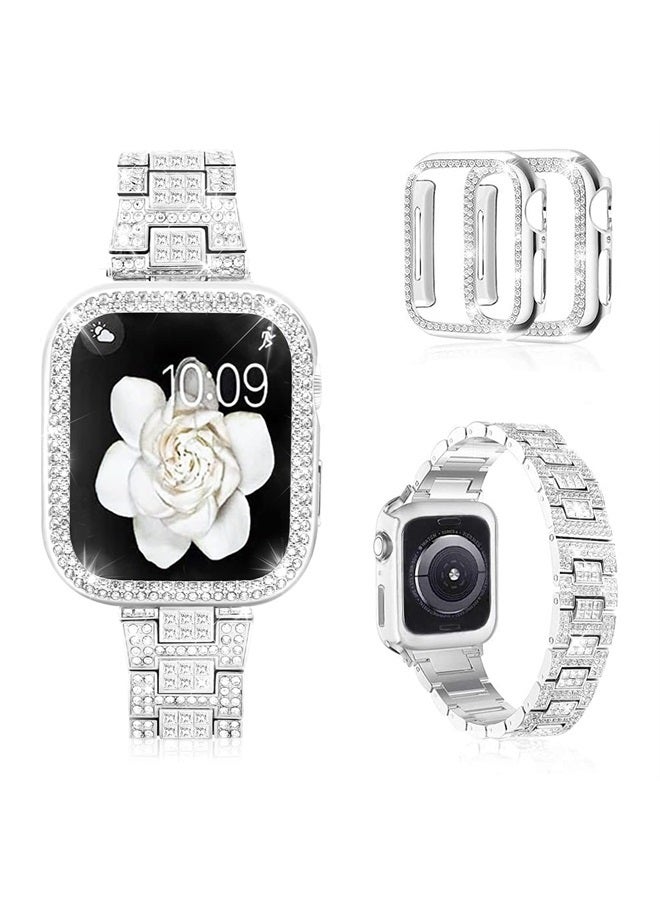 Mosonio Compatible with Apple Watch Band Series 8/7 45mm with Case Women, Bling Metal Wristband Strap with 2 Pack Bling PC Protective Cover for iWatch 45mm Series 8/7(45mm, Silver) - Image 1