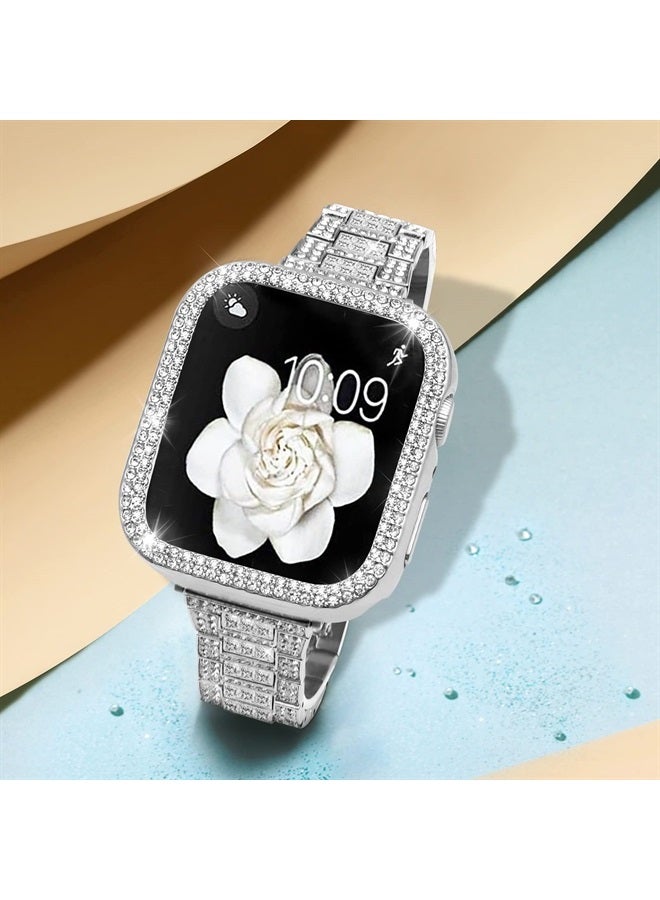 Mosonio Compatible with Apple Watch Band Series 8/7 45mm with Case Women, Bling Metal Wristband Strap with 2 Pack Bling PC Protective Cover for iWatch 45mm Series 8/7(45mm, Silver) - Image 2